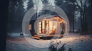 Modern tiny house in winter forest barnhouse cozy. Al generated