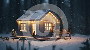 Modern tiny house in winter forest barnhouse cozy. Al generated