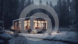 Modern tiny house in winter forest barnhouse cozy. Al generated