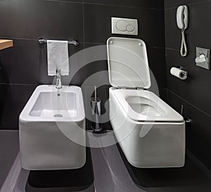 Modern toilet and bidet in bathroom