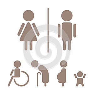 Modern toilet signage has man, woman, baby, old people and disabled on white background