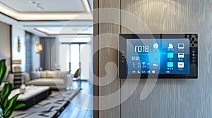 A modern touchscreen control panel on a sleek wall in a smart home shows lighting, security, and climate control options