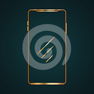 Modern touchscreen smartphone icon vector logo. Gold metal with dark background