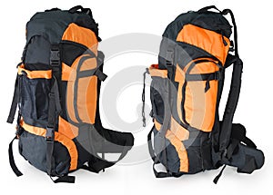 Modern tourist backpack on white