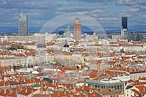 Modern towers over the roofs of Lyon