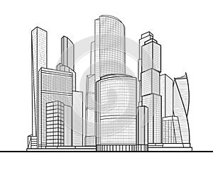 Modern town. Urban city complex. Business center. Infrastructure outlines illustration. Black lines on white background. Vector de