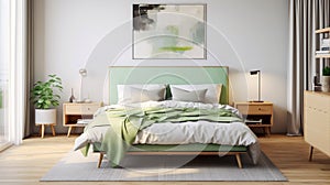 Modern townhouse bedroom with double bed green and white bed clothes side tables and abstract wall art Generative AI