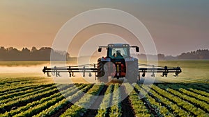 A modern tractor equipped with spray booms is seen in a misty field during the early morning. The tractor is spraying
