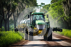 Modern tractor spraying pesticides to maintain healthy crops in a thriving vegetable field