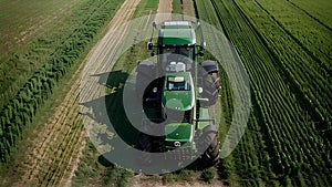 A modern tractor working on the greenfield, latest machineries and equipment in agriculture, AI generated