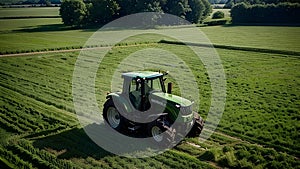 A modern tractor working on the greenfield, latest machineries and equipment in agriculture, AI generated