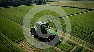 A modern tractor working on the greenfield, latest machineries and equipment in agriculture, AI generated