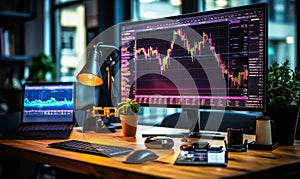 Modern Trading Office Desk Equipped with AI for Stock Market Analysis