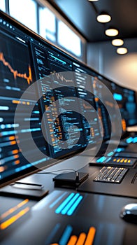 High-tech trading room with multiple data screens and graphs, AI