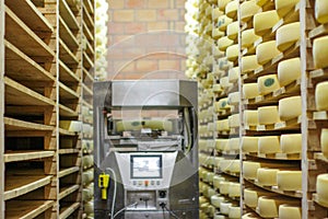 Modern and traditional cheese making with high tech robot assisting photo