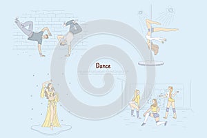 Modern and traditional choreography, break dancers doing tricks, twerking, belly-dance graceful pole dancer banner