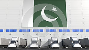 Modern trailer trucks load or unload at warehouse bays with flag of PAKISTAN. Pakistani logistics related conceptual 3D