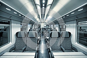 Modern train coach interior view.