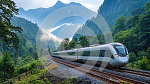 The modern train gracefully makes its way through the majestic mountains. Aesthetic mountain landscape. Generative AI