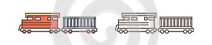 Modern train, locomotive icon. Commercial railway vehicle with goods wagon. Logistics, shipment, cargo delivery