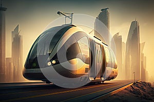 Modern train on the road with modern city background