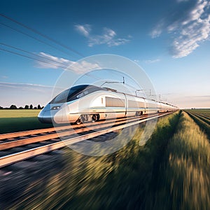 Modern Train Rushing Through Country-side Landscape, Speed & Technology, Sleek Modern Train