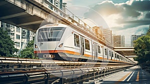 Modern train travels on elevated railway tracks.AI Generated