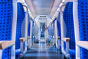Modern Train Wagon Interior Seats Rows Blue Transportation White