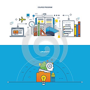 Modern training, course program, creative work, education, business and technology.