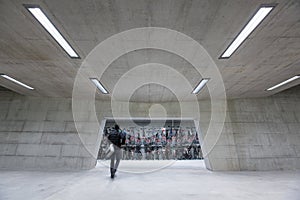 Modern trainstation with bikestands rush