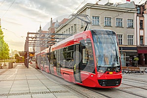 Modern tram in the center of Katowice