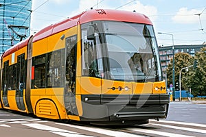 Modern tram on city street. Public transport