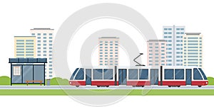 Modern tram, tram station and city buildings isolated on white background. Concept of public transport.