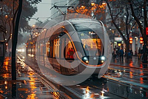 Modern tramway in the center of city. Urban transportation