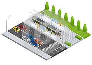 Modern Tramway on the stop and cars on the road Metropolitan mass transit system icons featuring tram car, cable car and