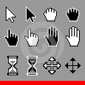 Vector pixel computer cursor icons set. Arrow, pointer, palm, drag, move, hourglass, hand cursor