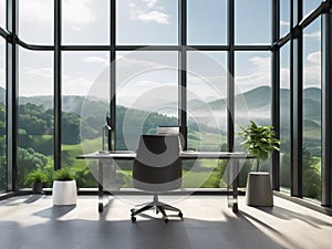 Modern Tranquility: Panoramic Office with Lush Green Hills View photo