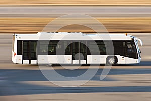 Modern transport bus on asphalt rides at high speed.