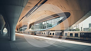 Modern transportation in underground subway station, speeding towards vanishing point generated by AI