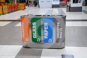 Modern trash bins for waste segregation. Separate waste collection. Management recycle garbage