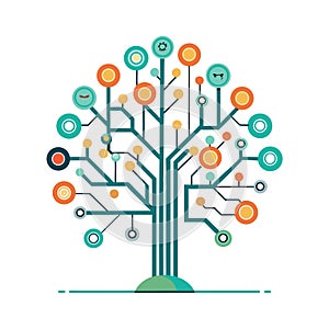 Modern Tree Vector Illustration with Digital Connections and Data Nodes on White Background