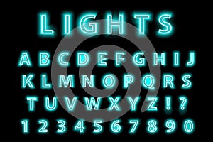 Modern trendy blue neon alphabet on a black background. LED glowing letters font. Luminescent number. Vector