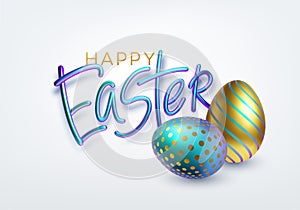 Modern trendy Golden metallic shiny typography Happy Easter on a background of easter eggs. 3D realistic lettering for