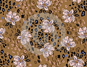 Modern and Trendy Hand drawn blooming flower with Leopard animal skin Seamless pattern