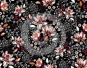 Modern and Trendy Hand drawn blooming flower with Leopard animal skin Seamless pattern