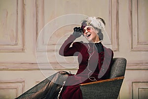 Modern trendy look of Portrait of an Unknown Woman. Retro style, comparison of eras concept.