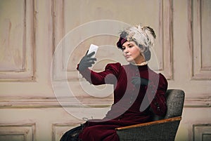 Modern trendy look of Portrait of an Unknown Woman. Retro style, comparison of eras concept.