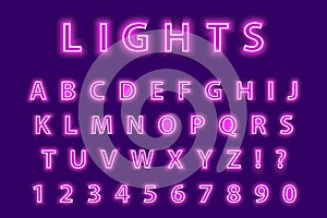 Modern trendy pink neon alphabet on a purple background. LED glowing letters font. Luminescent number. Vector