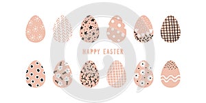 Modern trendy set of decorated Easter eggs, pink and black trendy design. Simple naive vector illustration. Happy easter