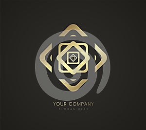 modern triangle premium shape logo design, a gold symbol, icon, trade mark on dark background, a premium logo vector style, modern